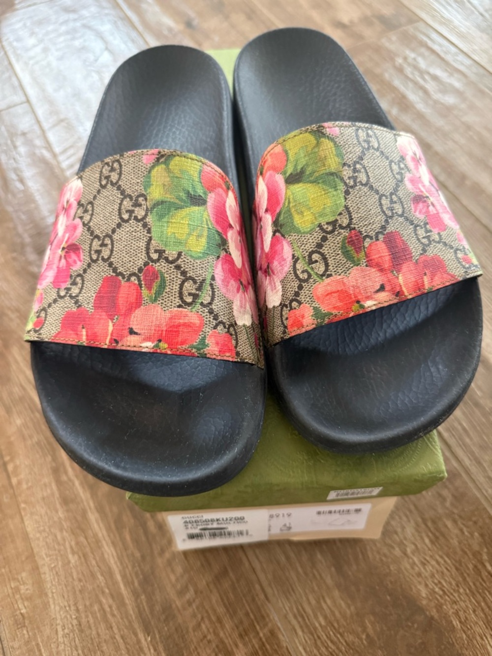 Gucci Floral GG Slide Sandals - Black Footbed with Pink & Green Floral Strap
